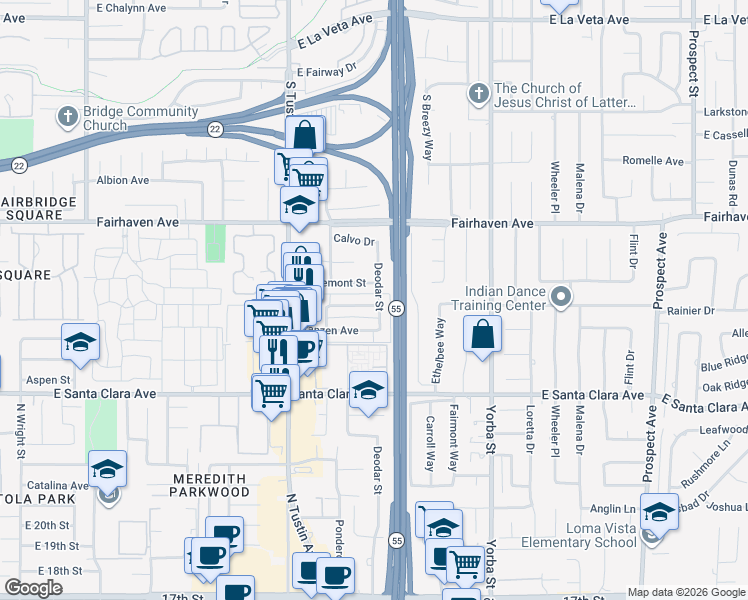 map of restaurants, bars, coffee shops, grocery stores, and more near 2326 Grovemont Street in Santa Ana