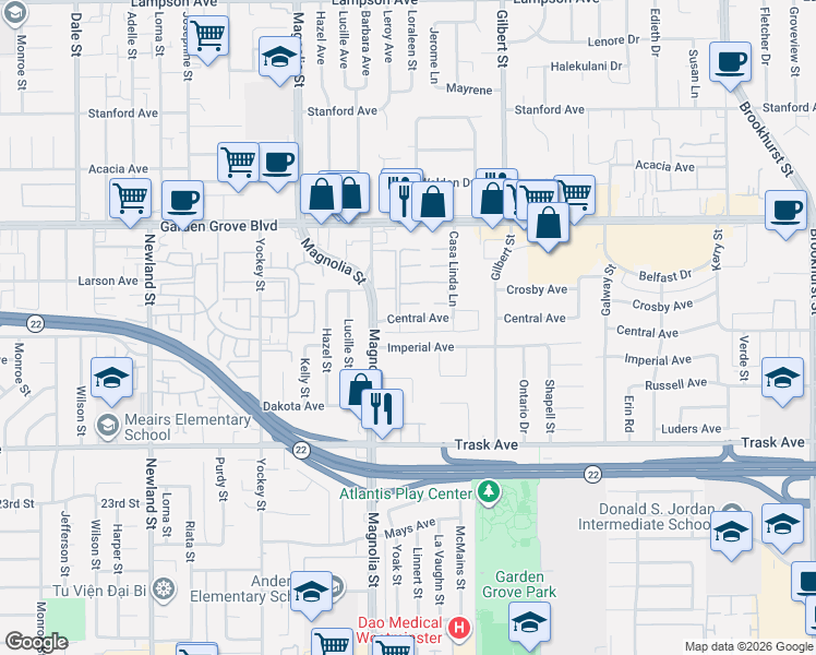 map of restaurants, bars, coffee shops, grocery stores, and more near 9091 Central Avenue in Garden Grove