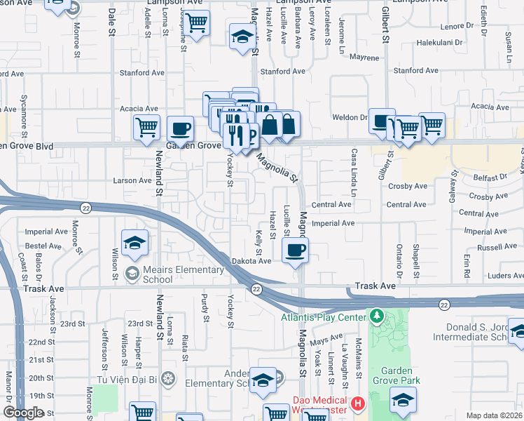 map of restaurants, bars, coffee shops, grocery stores, and more near 13178 Ferndale Drive in Garden Grove