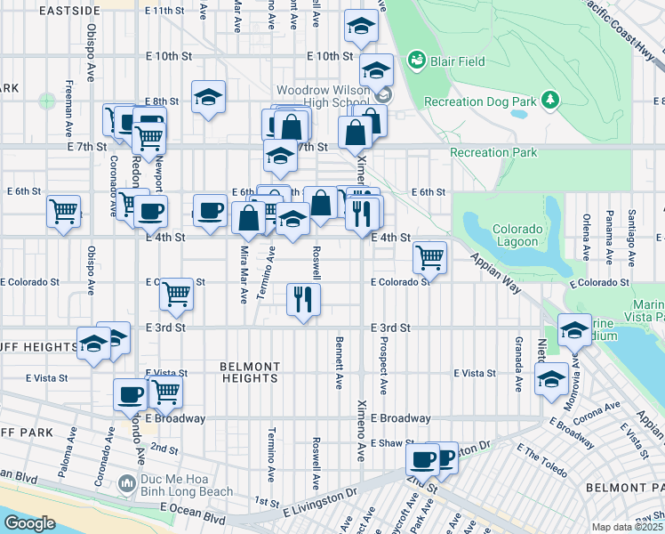 map of restaurants, bars, coffee shops, grocery stores, and more near in Long Beach