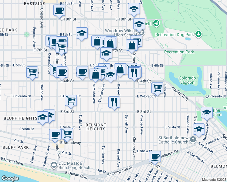 map of restaurants, bars, coffee shops, grocery stores, and more near 4000 East 4th Street in Long Beach