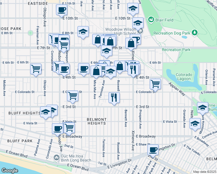 map of restaurants, bars, coffee shops, grocery stores, and more near 4000 East 4th Street in Long Beach