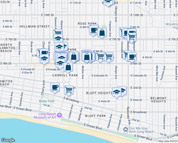 map of restaurants, bars, coffee shops, grocery stores, and more near 2749 East De Soto Street in Long Beach