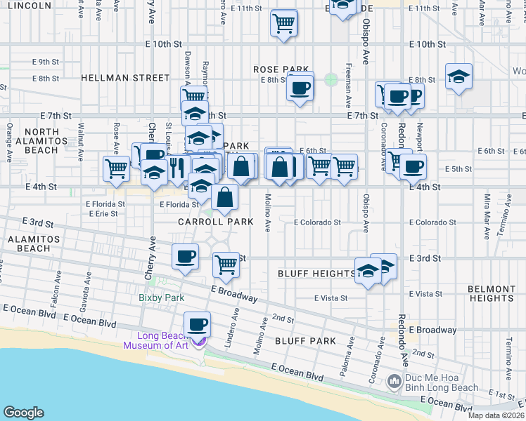 map of restaurants, bars, coffee shops, grocery stores, and more near 383 Molino Avenue in Long Beach