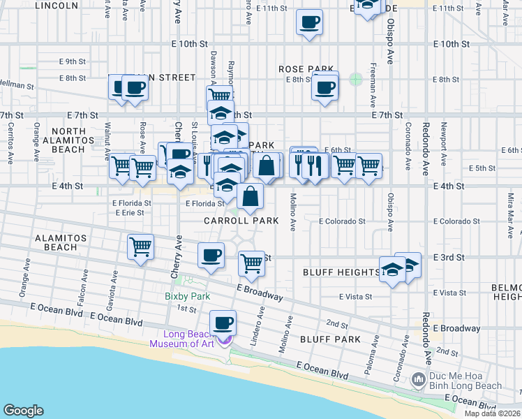 map of restaurants, bars, coffee shops, grocery stores, and more near 2420 East 4th Street in Long Beach