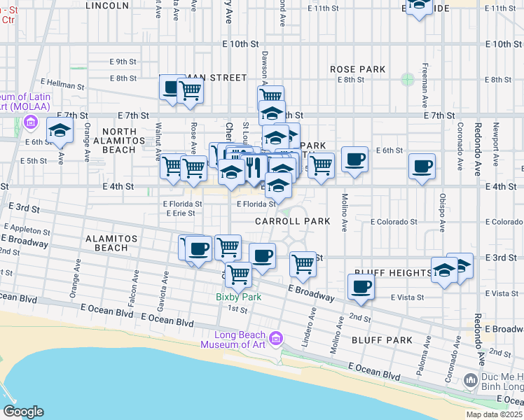 map of restaurants, bars, coffee shops, grocery stores, and more near 2151 East Florida Street in Long Beach