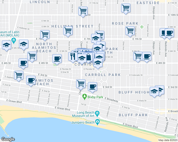 map of restaurants, bars, coffee shops, grocery stores, and more near in Long Beach