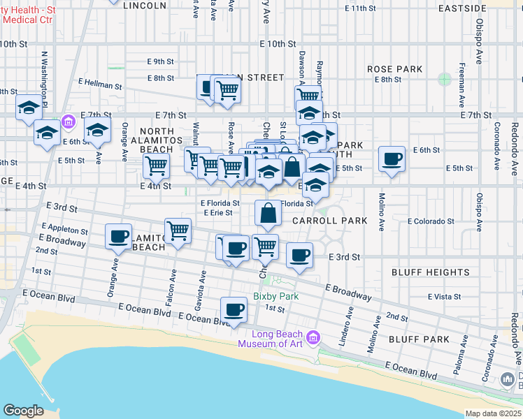 map of restaurants, bars, coffee shops, grocery stores, and more near in Long Beach