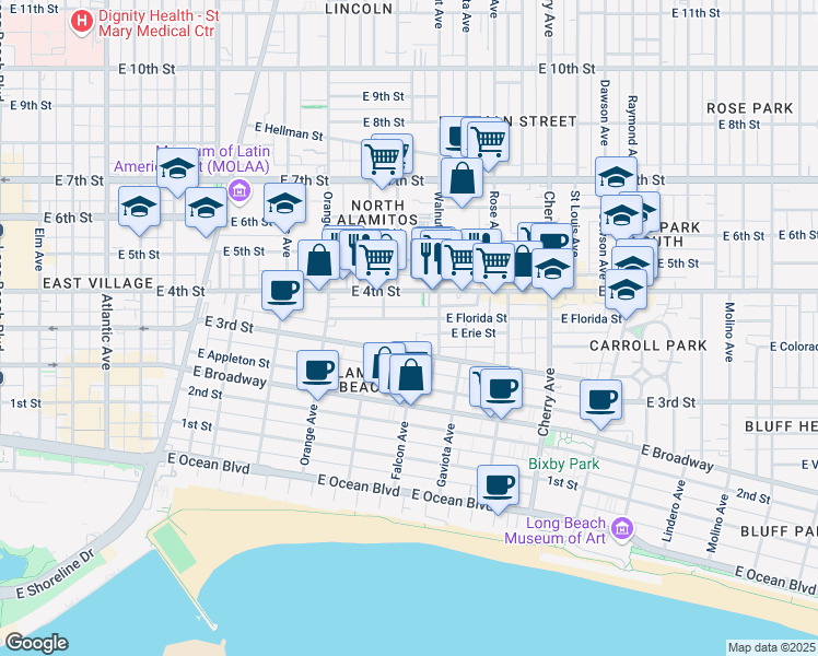 map of restaurants, bars, coffee shops, grocery stores, and more near 1509 East Florida Street in Long Beach