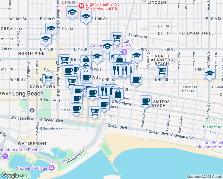 map of restaurants, bars, coffee shops, grocery stores, and more near in Long Beach