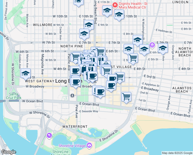 map of restaurants, bars, coffee shops, grocery stores, and more near 301-399 Long Beach Boulevard in Long Beach