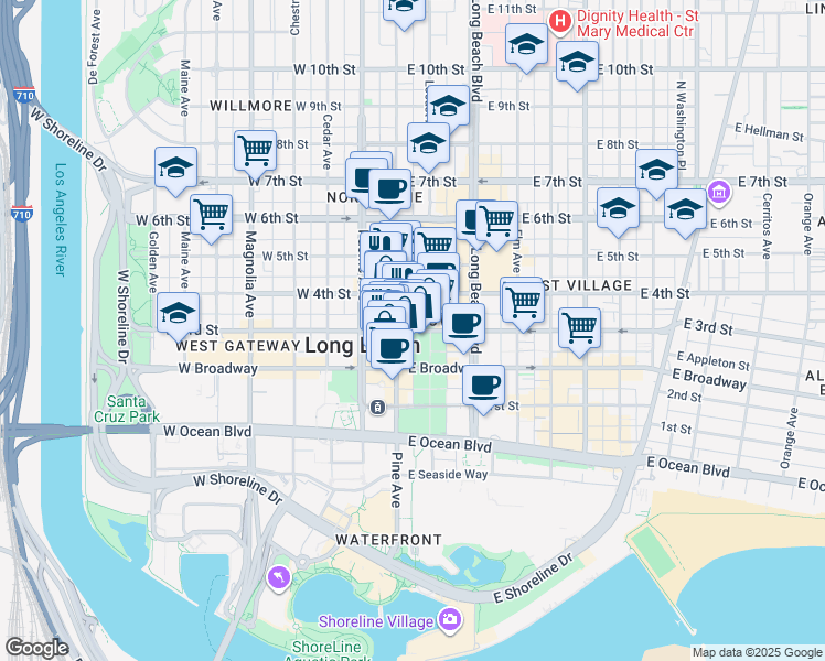 map of restaurants, bars, coffee shops, grocery stores, and more near 1065 East 3rd Street in Long Beach