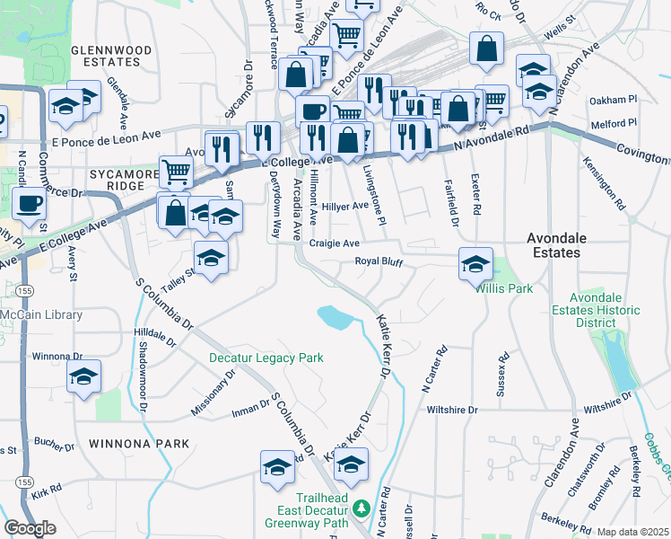 map of restaurants, bars, coffee shops, grocery stores, and more near 865 Ashfield Drive in Decatur