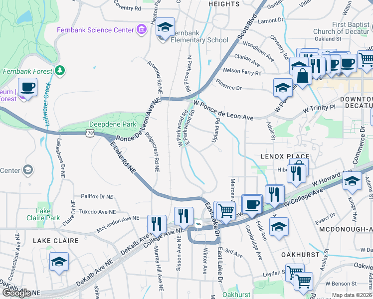 map of restaurants, bars, coffee shops, grocery stores, and more near 371 West Parkwood Road in Decatur