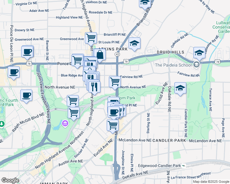 map of restaurants, bars, coffee shops, grocery stores, and more near 592 Moreland Avenue Northeast in Atlanta