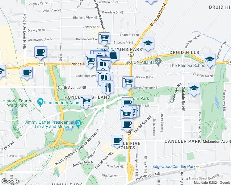 map of restaurants, bars, coffee shops, grocery stores, and more near 608 Seminole Avenue Northeast in Atlanta