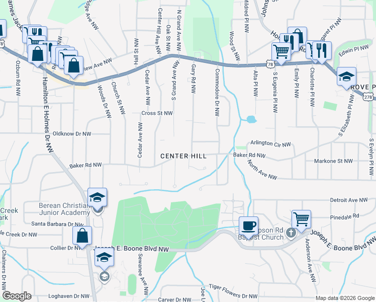 map of restaurants, bars, coffee shops, grocery stores, and more near 584 Gary Road Northwest in Atlanta
