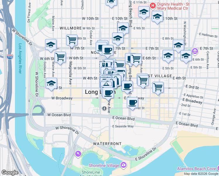 map of restaurants, bars, coffee shops, grocery stores, and more near E 3rd St & W 3rd St in Long Beach