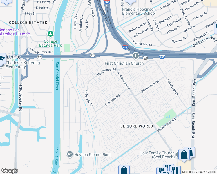 map of restaurants, bars, coffee shops, grocery stores, and more near 13250 Fairfield Lane in Seal Beach