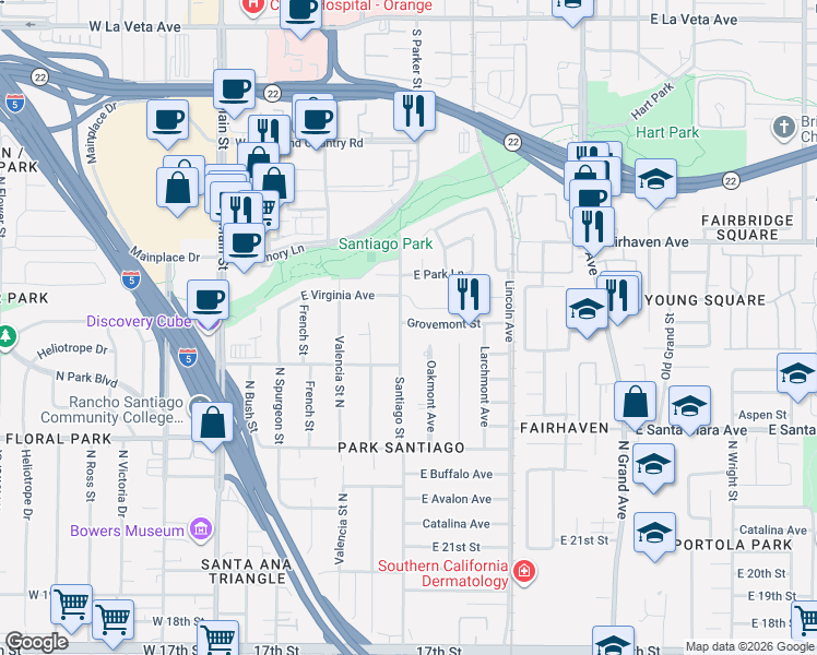 map of restaurants, bars, coffee shops, grocery stores, and more near 2539 Santiago Street in Santa Ana