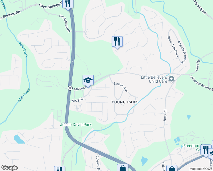 map of restaurants, bars, coffee shops, grocery stores, and more near 7712 Autry Circle in Douglasville
