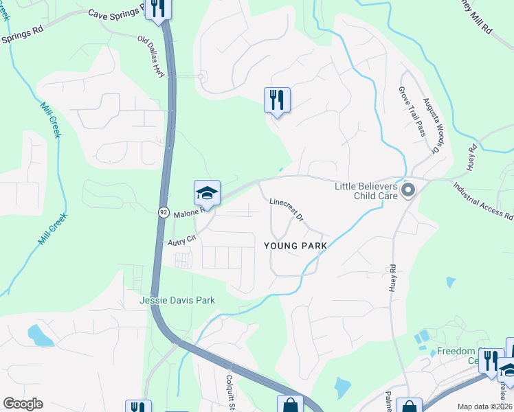 map of restaurants, bars, coffee shops, grocery stores, and more near Autry Circle in Douglasville