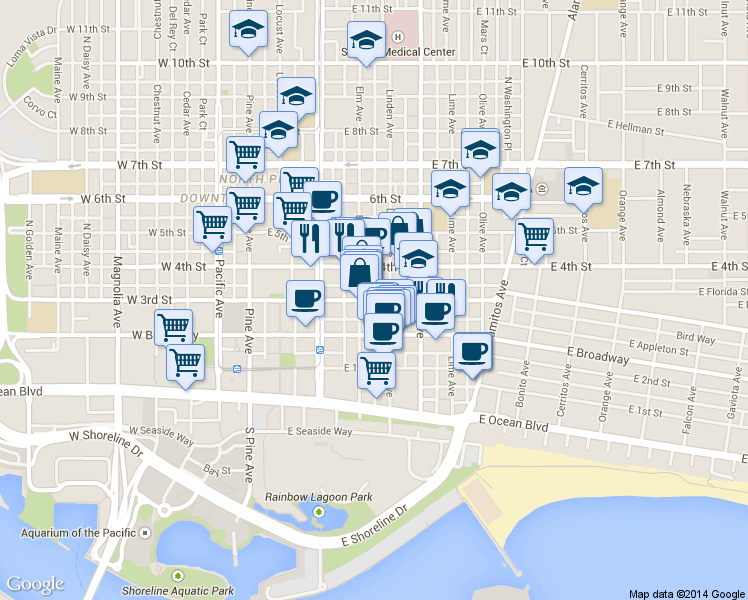 map of restaurants, bars, coffee shops, grocery stores, and more near in Long Beach