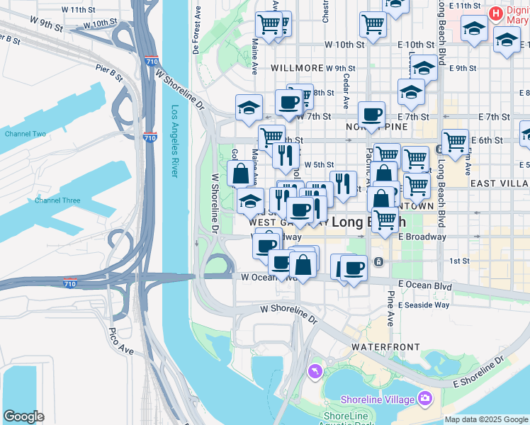 map of restaurants, bars, coffee shops, grocery stores, and more near W 3rd St & N Nylic Ct in Long Beach
