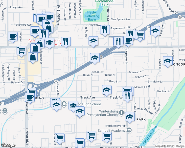 map of restaurants, bars, coffee shops, grocery stores, and more near 13212 Partridge Street in Garden Grove