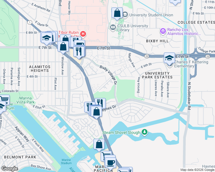 map of restaurants, bars, coffee shops, grocery stores, and more near 6000 Bixby Village Drive in Long Beach