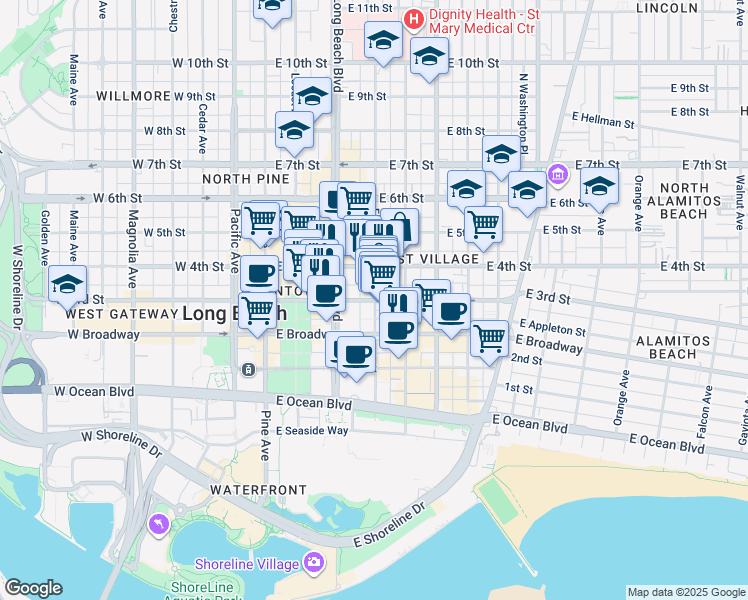 map of restaurants, bars, coffee shops, grocery stores, and more near in Long Beach
