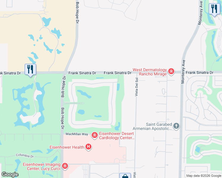map of restaurants, bars, coffee shops, grocery stores, and more near 86 North Kavenish Drive in Rancho Mirage