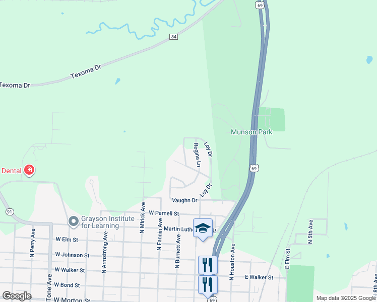 map of restaurants, bars, coffee shops, grocery stores, and more near 14 Geraldine Lane in Denison