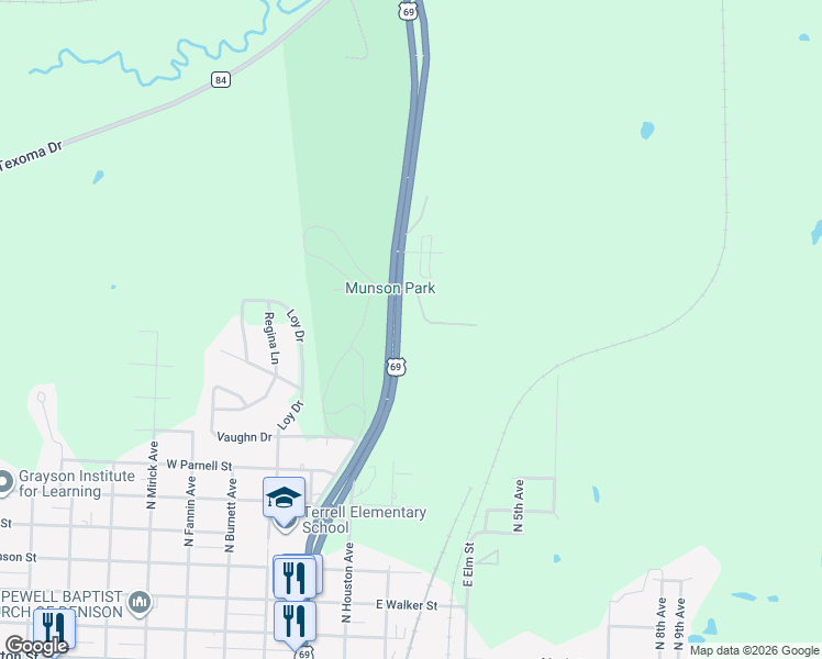 map of restaurants, bars, coffee shops, grocery stores, and more near 2070 U.S. 69 in Denison