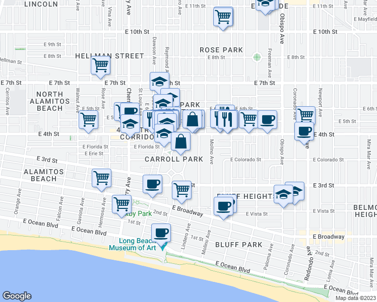 map of restaurants, bars, coffee shops, grocery stores, and more near 2420 East 4th Street in Long Beach
