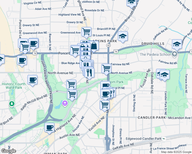 map of restaurants, bars, coffee shops, grocery stores, and more near 594 Seminole Avenue Northeast in Atlanta