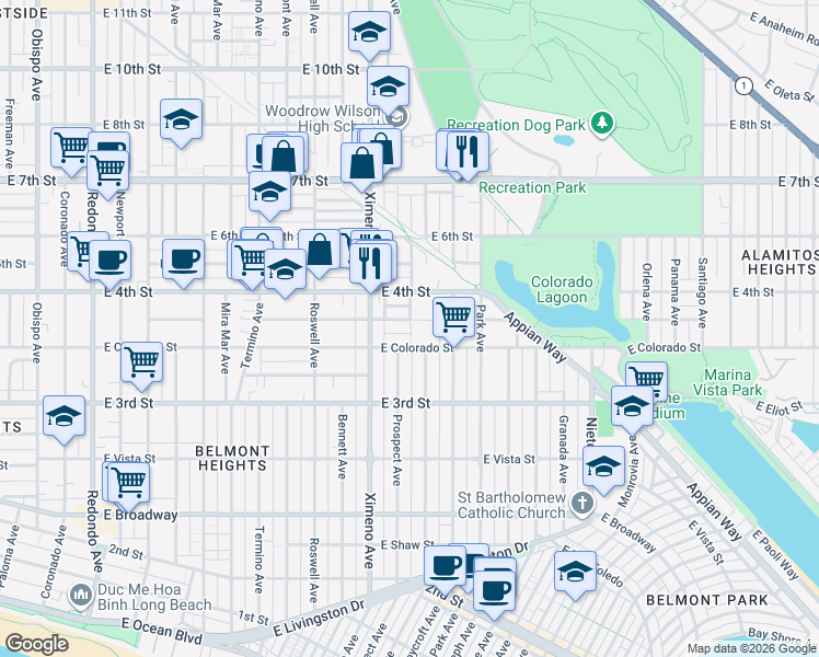 map of restaurants, bars, coffee shops, grocery stores, and more near 4512 East Vermont Street in Long Beach