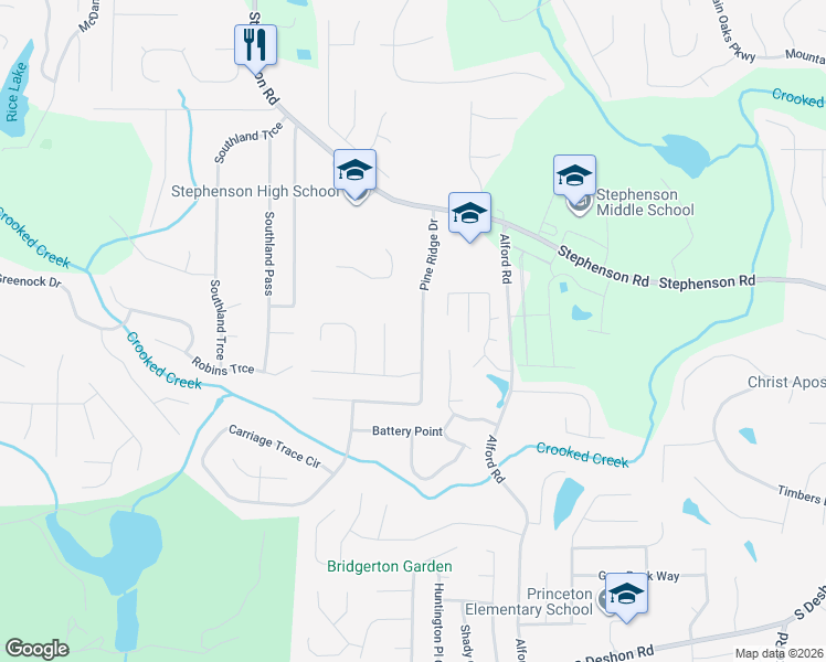map of restaurants, bars, coffee shops, grocery stores, and more near 845 Pine Ridge Drive in Stone Mountain