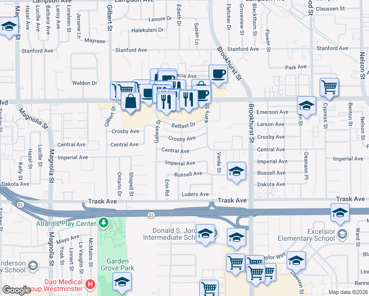 map of restaurants, bars, coffee shops, grocery stores, and more near 9691 Central Avenue in Garden Grove