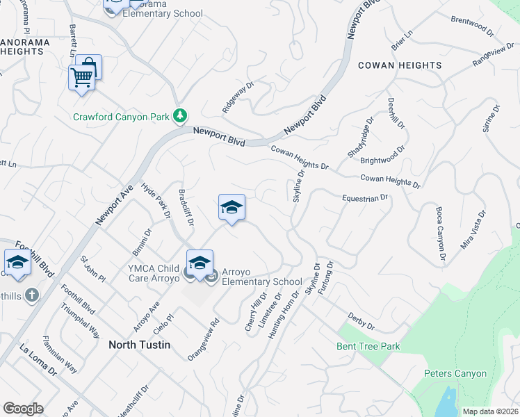 map of restaurants, bars, coffee shops, grocery stores, and more near 1292 Peacock Hill Drive in North Tustin
