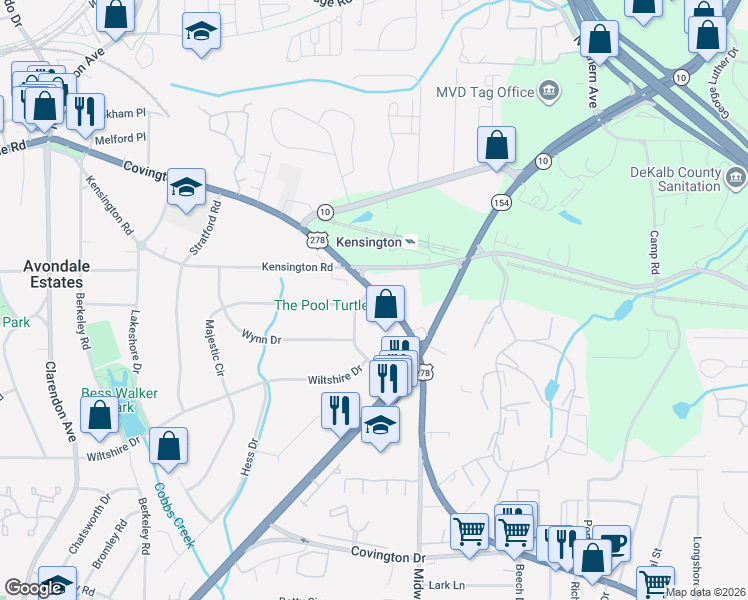 map of restaurants, bars, coffee shops, grocery stores, and more near 3337 Kensington Road in Decatur