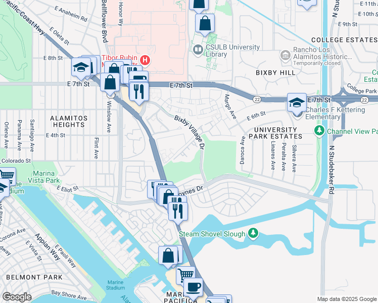 map of restaurants, bars, coffee shops, grocery stores, and more near 6000 Bixby Village Drive in Long Beach