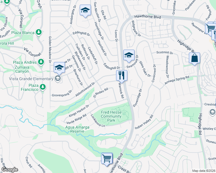 map of restaurants, bars, coffee shops, grocery stores, and more near 6619 El Rodeo Road in Rancho Palos Verdes