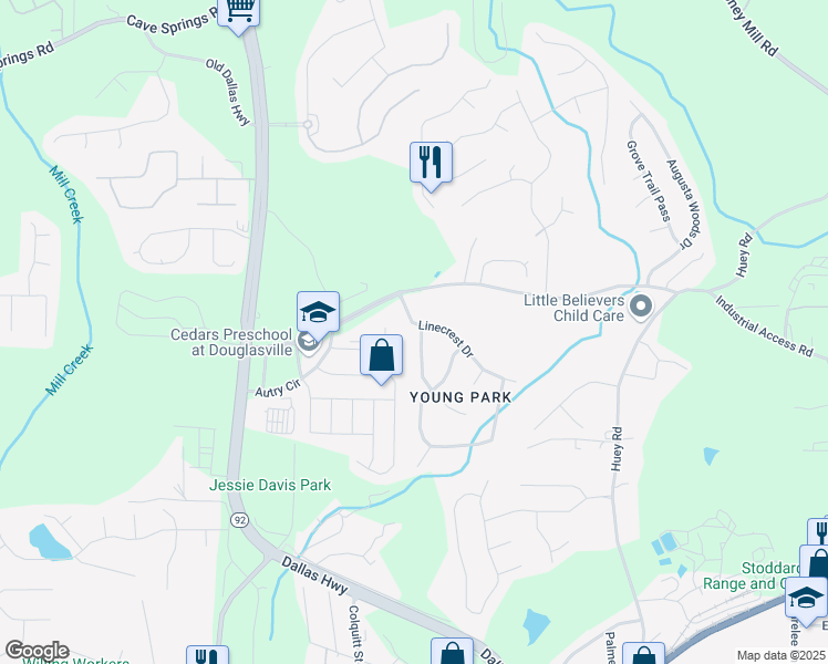 map of restaurants, bars, coffee shops, grocery stores, and more near 7615 Oakvale Drive in Douglasville
