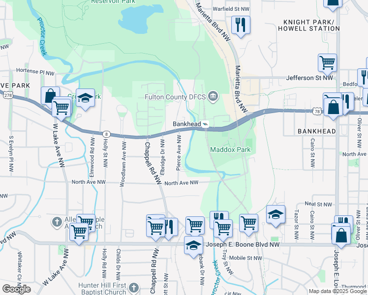 map of restaurants, bars, coffee shops, grocery stores, and more near 579 Pierce Avenue Northwest in Atlanta