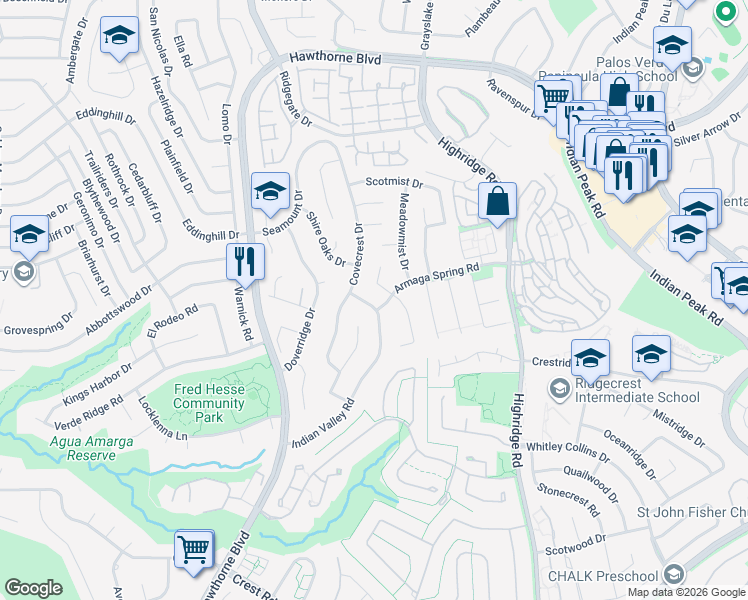 map of restaurants, bars, coffee shops, grocery stores, and more near 28744 Covecrest Drive in Rancho Palos Verdes