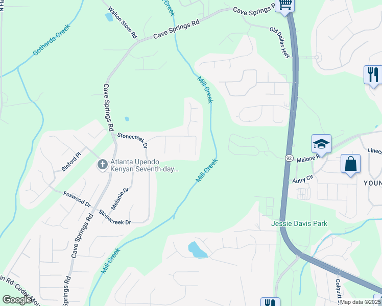 map of restaurants, bars, coffee shops, grocery stores, and more near 7599 Stonebush Way in Douglasville
