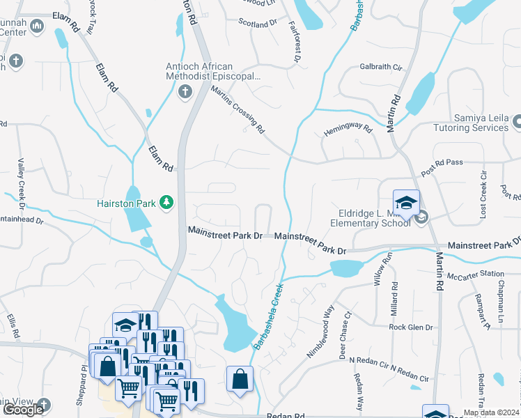 map of restaurants, bars, coffee shops, grocery stores, and more near 835 Heritage Oaks Drive in Stone Mountain