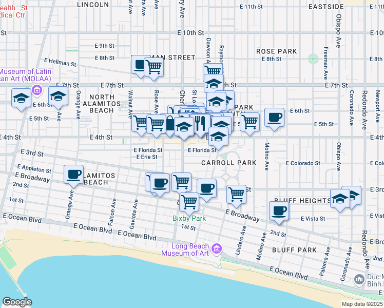 map of restaurants, bars, coffee shops, grocery stores, and more near 2034 East Florida Street in Long Beach