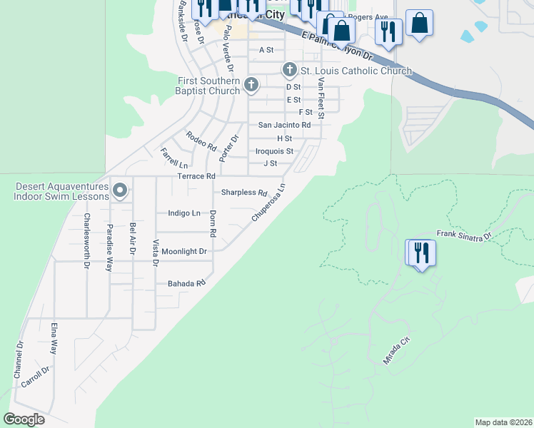 map of restaurants, bars, coffee shops, grocery stores, and more near 38220 Chuperosa Lane in Cathedral City
